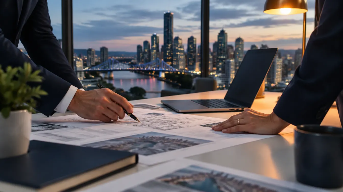 Two advisers' hands over printed plans at a desk, with the Brisbane skyline and Story Bridge at dusk behind