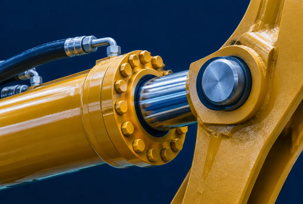 Close-up of a hydraulic cylinder and steel pivot pin on an excavator arm