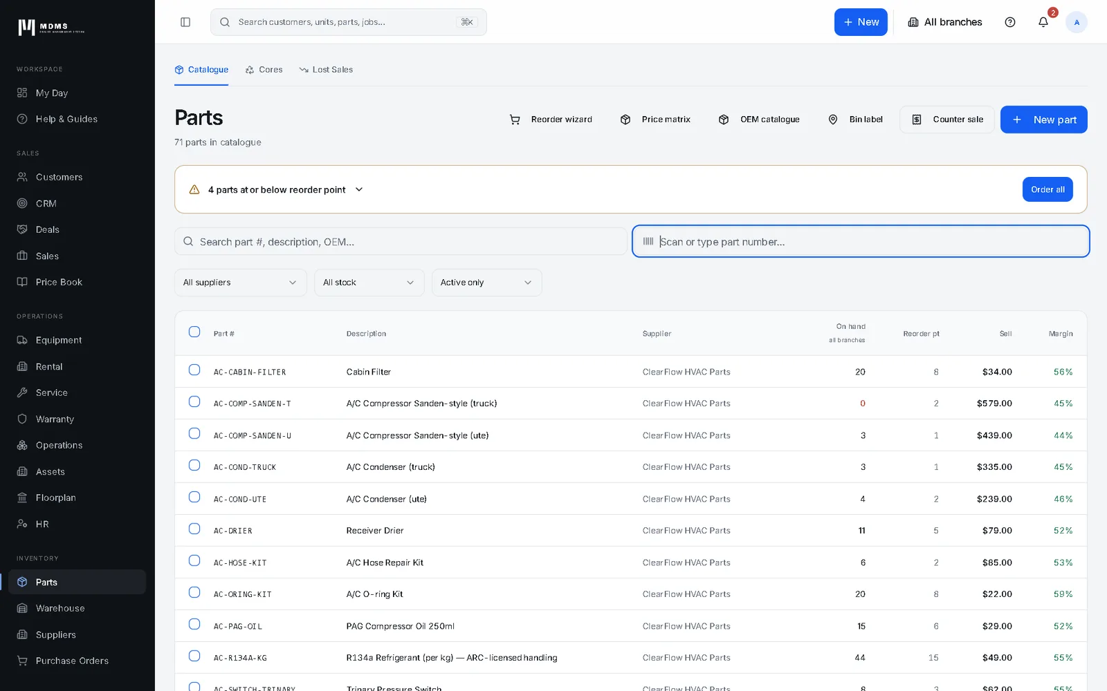 ModernDMS parts catalogue screen (demo data)